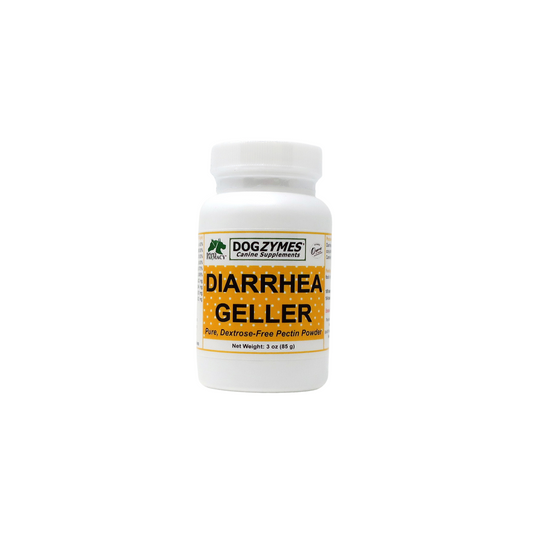 Dogzymes Diarrhea Geller supplement bottle for dogs, featuring pectin powder formula designed to relieve diarrhea and support digestive health