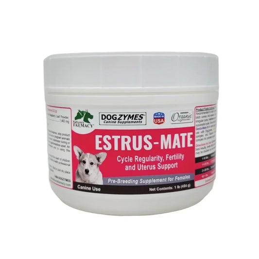 Dogzymes Estrus-Mate supplement container for female dogs, supports cycle regularity, fertility, and uterus health