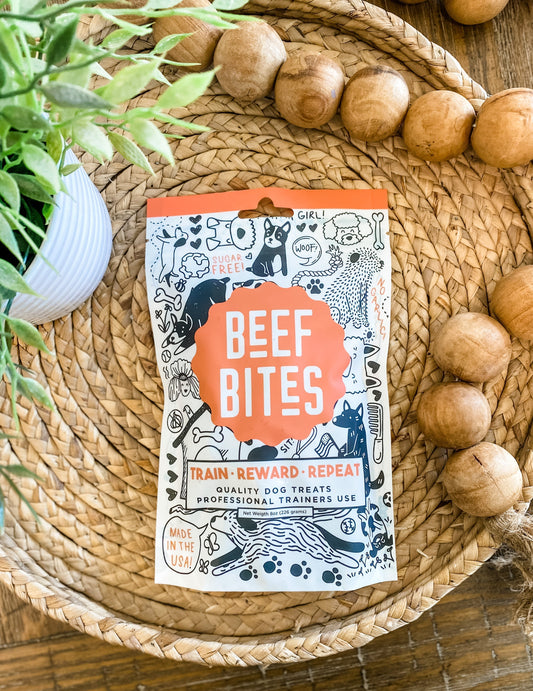 Beef Bites dog training treats package with decorative background