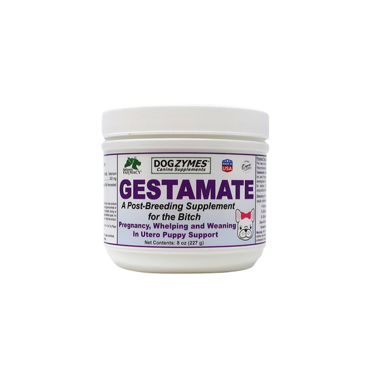 Gesta-Mate prenatal supplement for pregnant dogs by Dogzymes, designed to support healthy pregnancy and puppy development