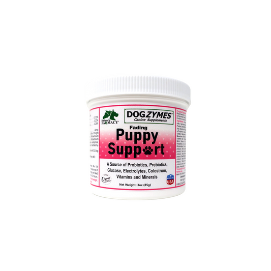 Dogzymes Puppy Support powder supplement for puppies, formulated with probiotics, vitamins, and digestive enzymes to aid recovery and growth