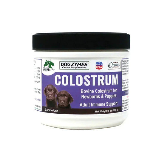 Dogzymes Colostrum supplement container for dogs and puppies, providing bovine colostrum for immune support and overall health