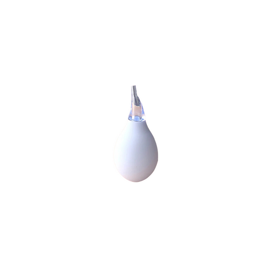 Soft rubber nasal aspirator with narrow tip, designed for clearing mucus from newborn puppies' noses as part of a whelping kit