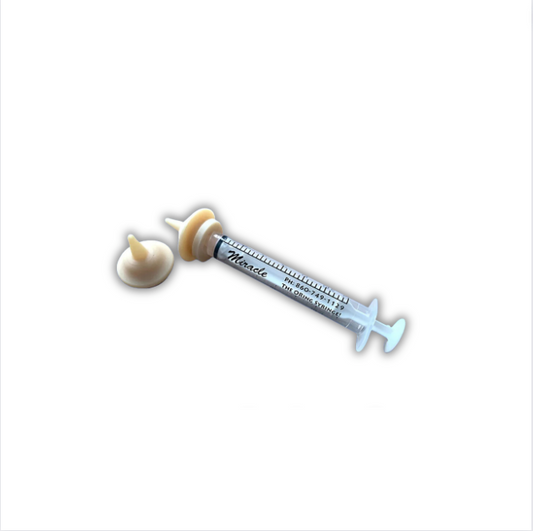 Hand-feeding syringe with soft nipple attachment, designed for feeding newborn puppies and kittens who are unable to nurse naturally