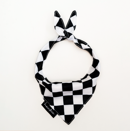 Checkmate dog bandana by Hankie Series 1 – black and white checkered puppy bandana